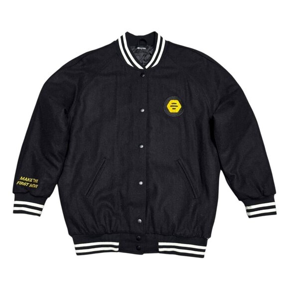 BUMBLE Social Dating App Black LETTERMAN Bomber Varsity Jacket Mens Small Rare - Picture 2 of 6